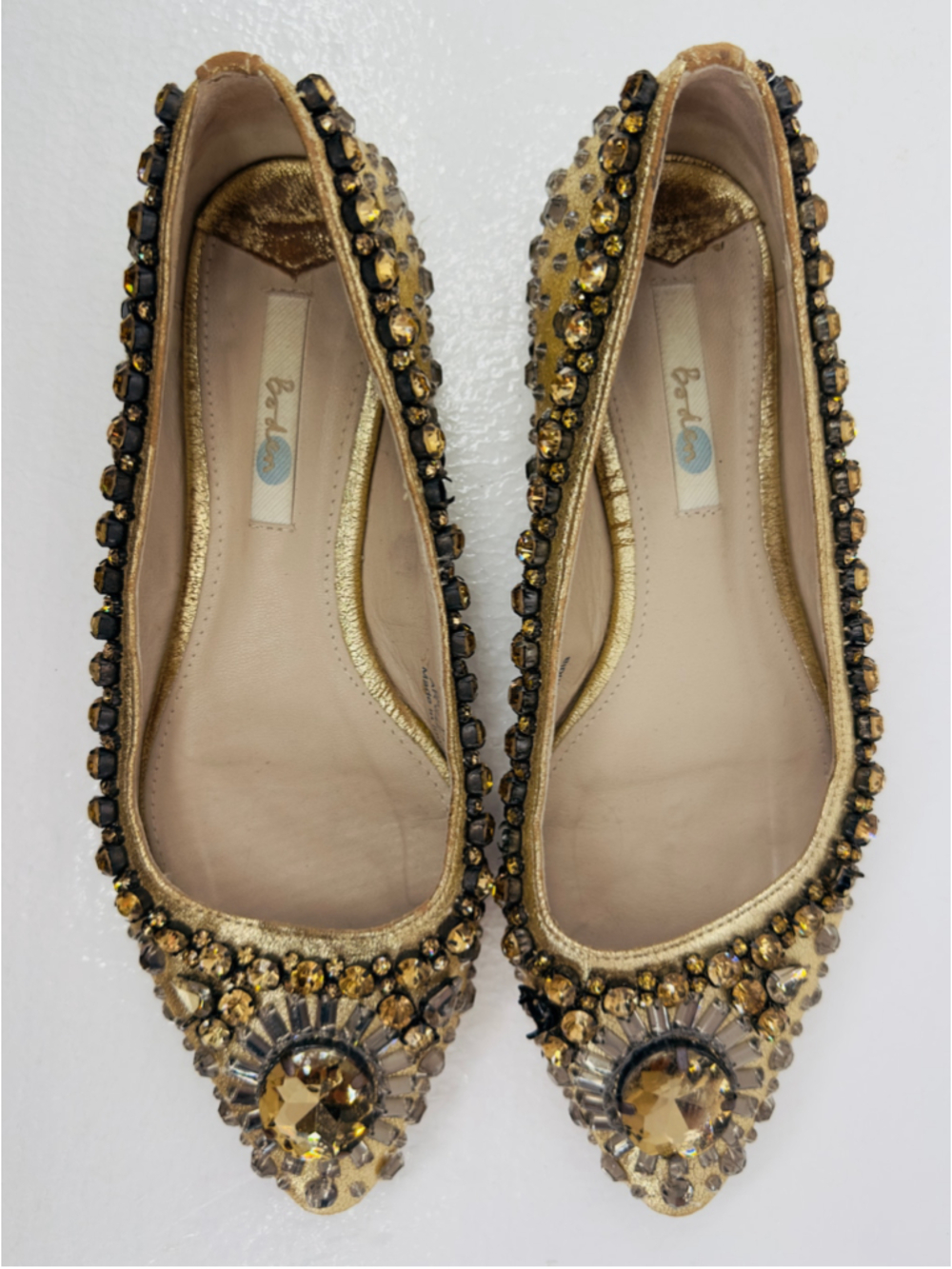 BODEN Gold Jewel Pointed FLATS Embellished Wedding PARTY Shoes WOMENS 38 / 7.5